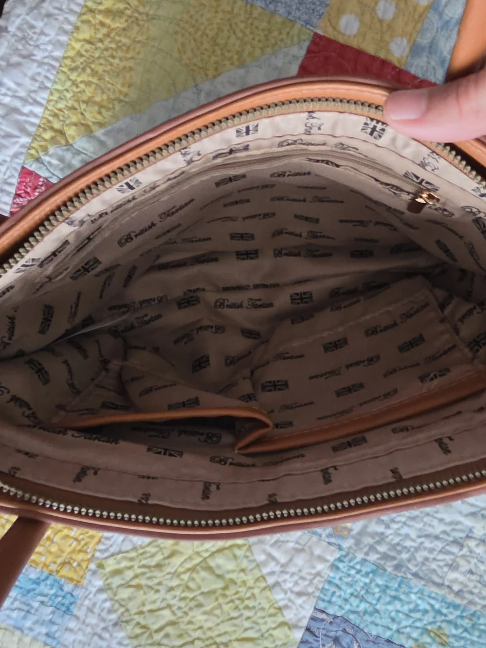 Beige Plaid Tote with Red Stripe and Brown Handles